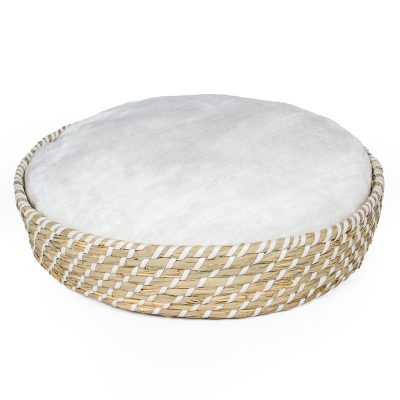 BOHO rieten mand rond & kussen beige/wit